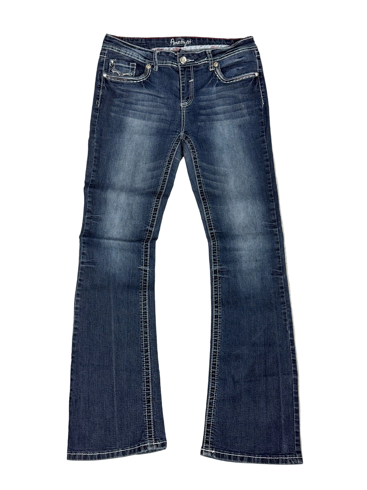 Miss Me Bootcut Jeans – Dark Blue, White Embroidered Pockets