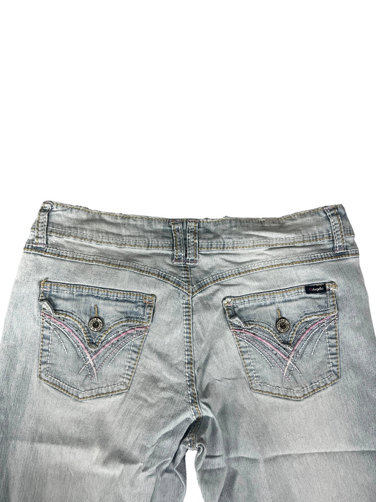 Angels Flare Jeans – Ice Blue Wash, Pink Stitched Flap Pockets