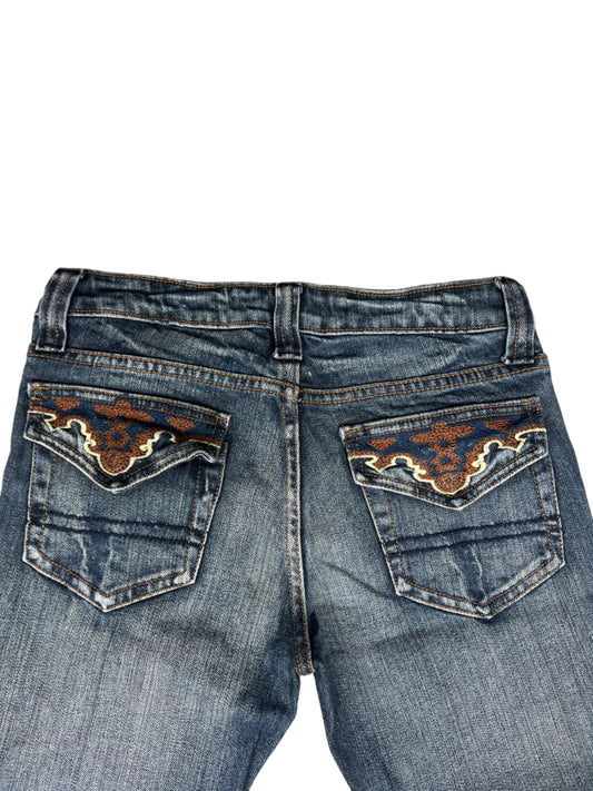 Miss Me Bootcut Jeans – Dark Wash, Orange Embroidered Flap Pockets