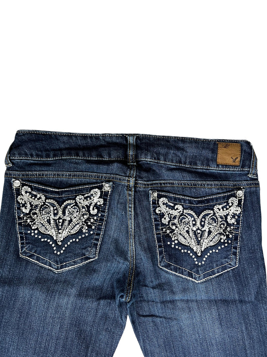 American Eagle Bootcut Jeans – Dark Blue, White Embroidered Pockets