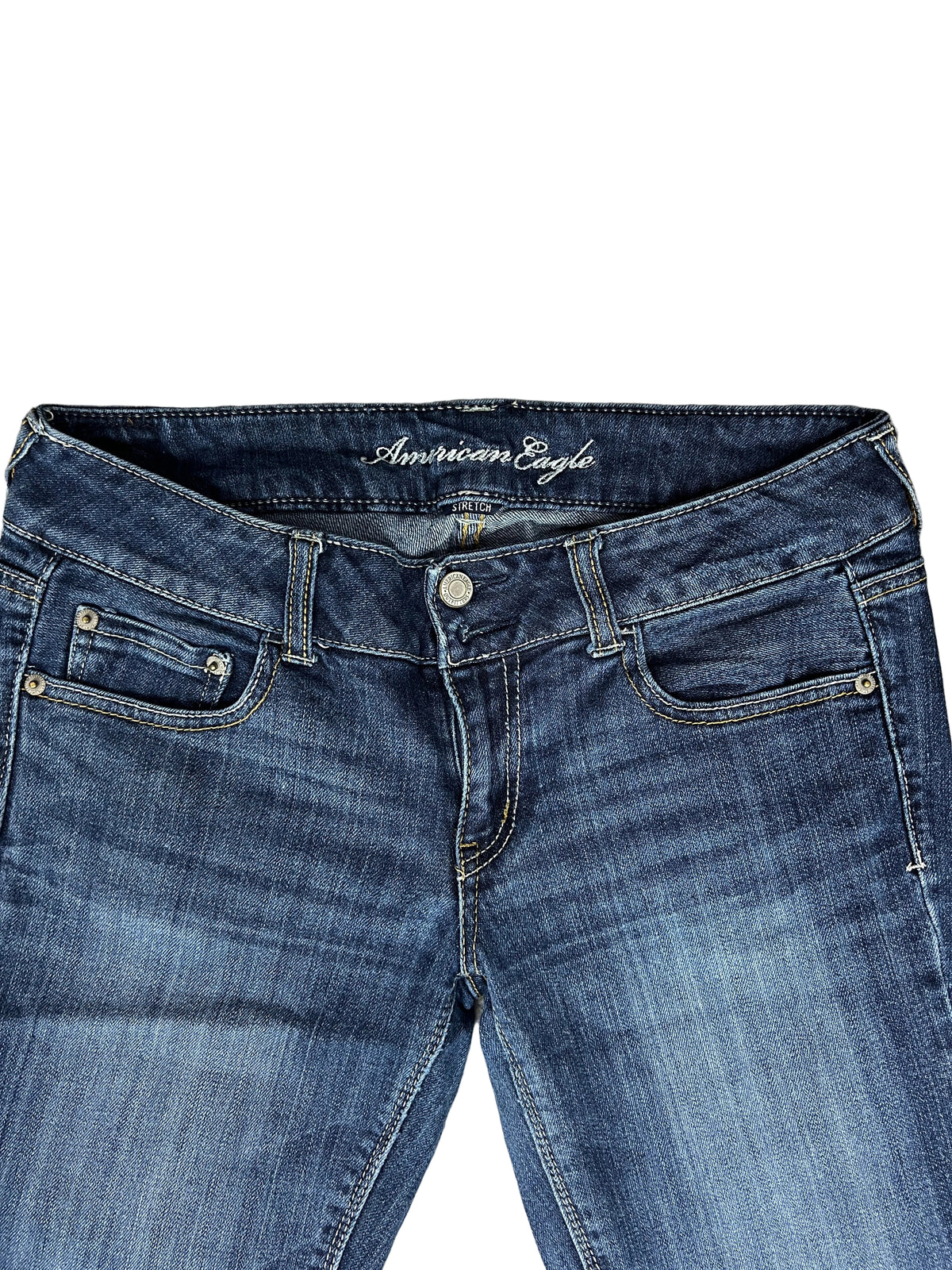 American Eagle Bootcut Jeans – Dark Blue, White Embroidered Pockets