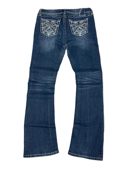 Miss Me Bootcut Jeans – Dark Blue, White Embroidered Pockets