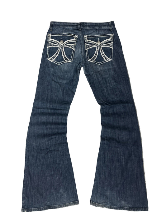 Flare Jeans – Dark Wash, White Embroidered Pockets
