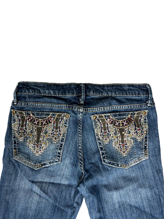 Miss Me Bootcut Jeans – Medium Wash, Red & Gold Embroidered Pockets