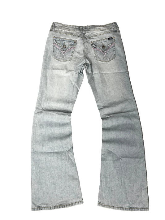 Angels Flare Jeans – Ice Blue Wash, Pink Stitched Flap Pockets