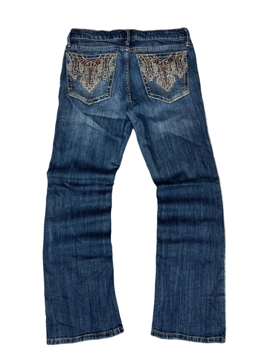 Miss Me Bootcut Jeans – Medium Wash, Red & Gold Embroidered Pockets