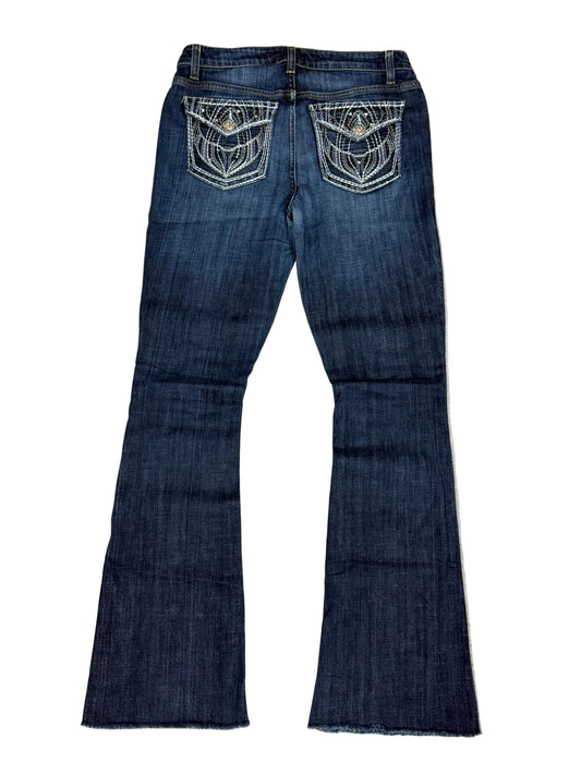 Miss Me Flare Jeans – Dark Blue, White Embroidered Pockets
