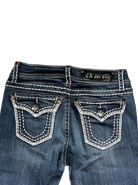 Dolce Vita Bootcut Jeans – Dark Wash, Thick White Stitching