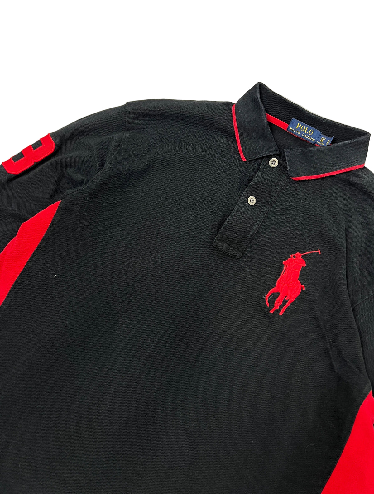 Ralph Lauren Langarm-Poloshirt – Schwarz & Rot, Big Pony, Tall (LT)