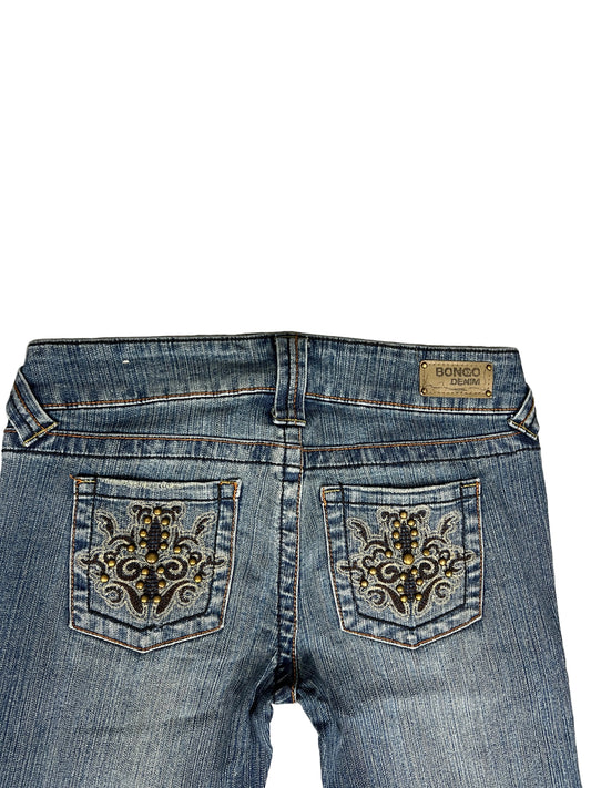Bongo Bootcut Jeans – Medium Wash, Brown Embroidered Pockets