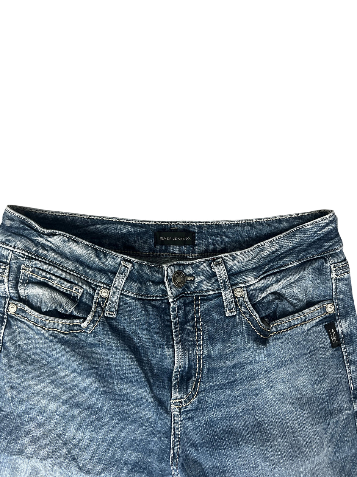 Anthropologie Bootcut Jeans – Medium Wash, Swirl Stitched Pockets