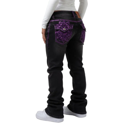 Purple Sequin Embroidered Black Jeans