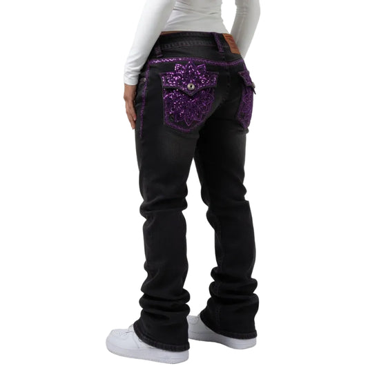 Purple Sequin Embroidered Black Jeans